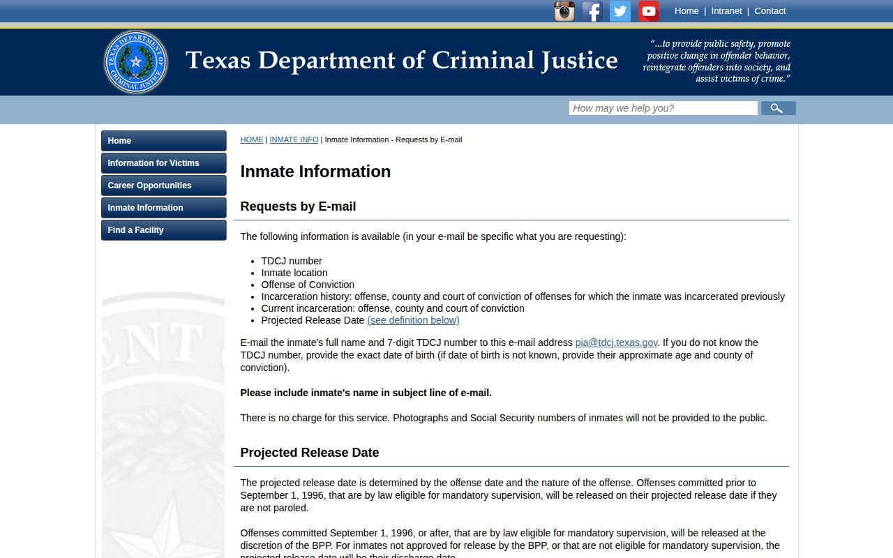 TDCJ Kinney County former inmate release history request