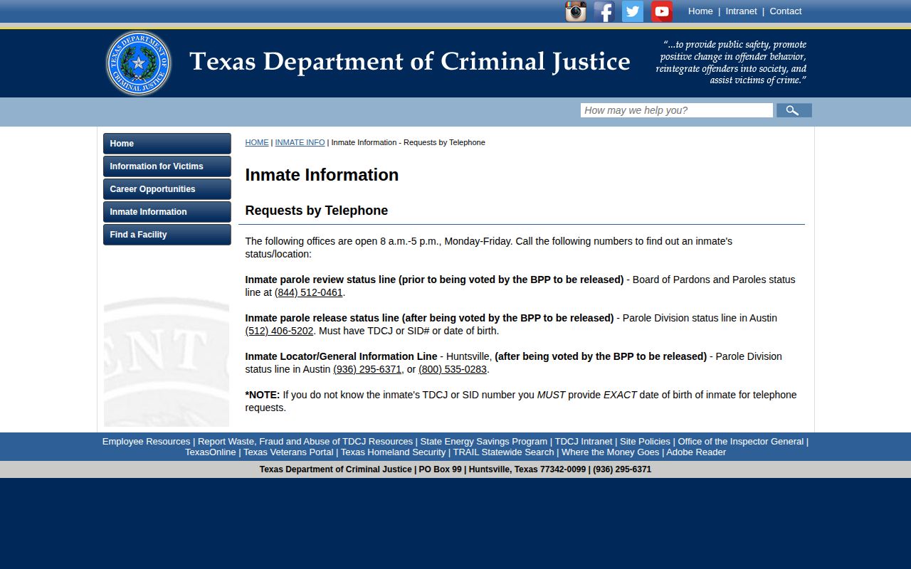 TDCJ Kinney County inmate release status telephone channels