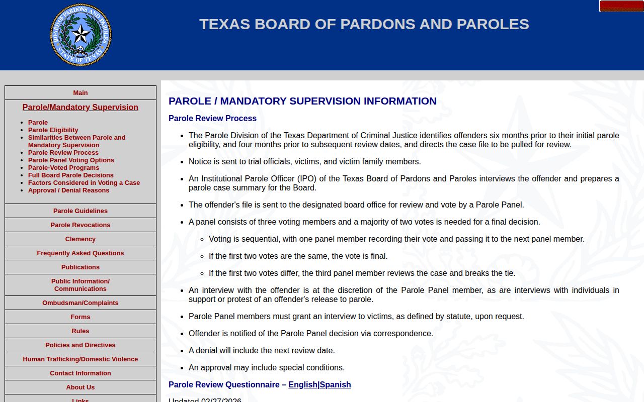 Kinney County parole review and post-release supervision source